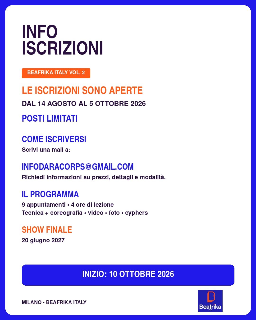 Inschrijvingsinformatie van Beafrika Studio Italië