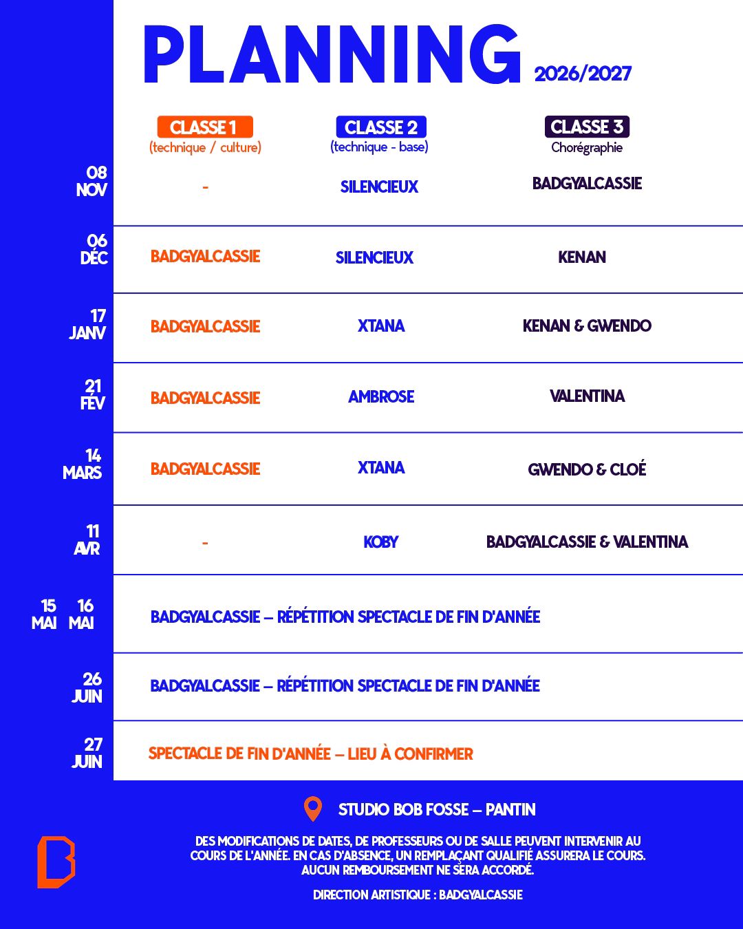 Beafrika Studio Paris 2026/2027 session schedule